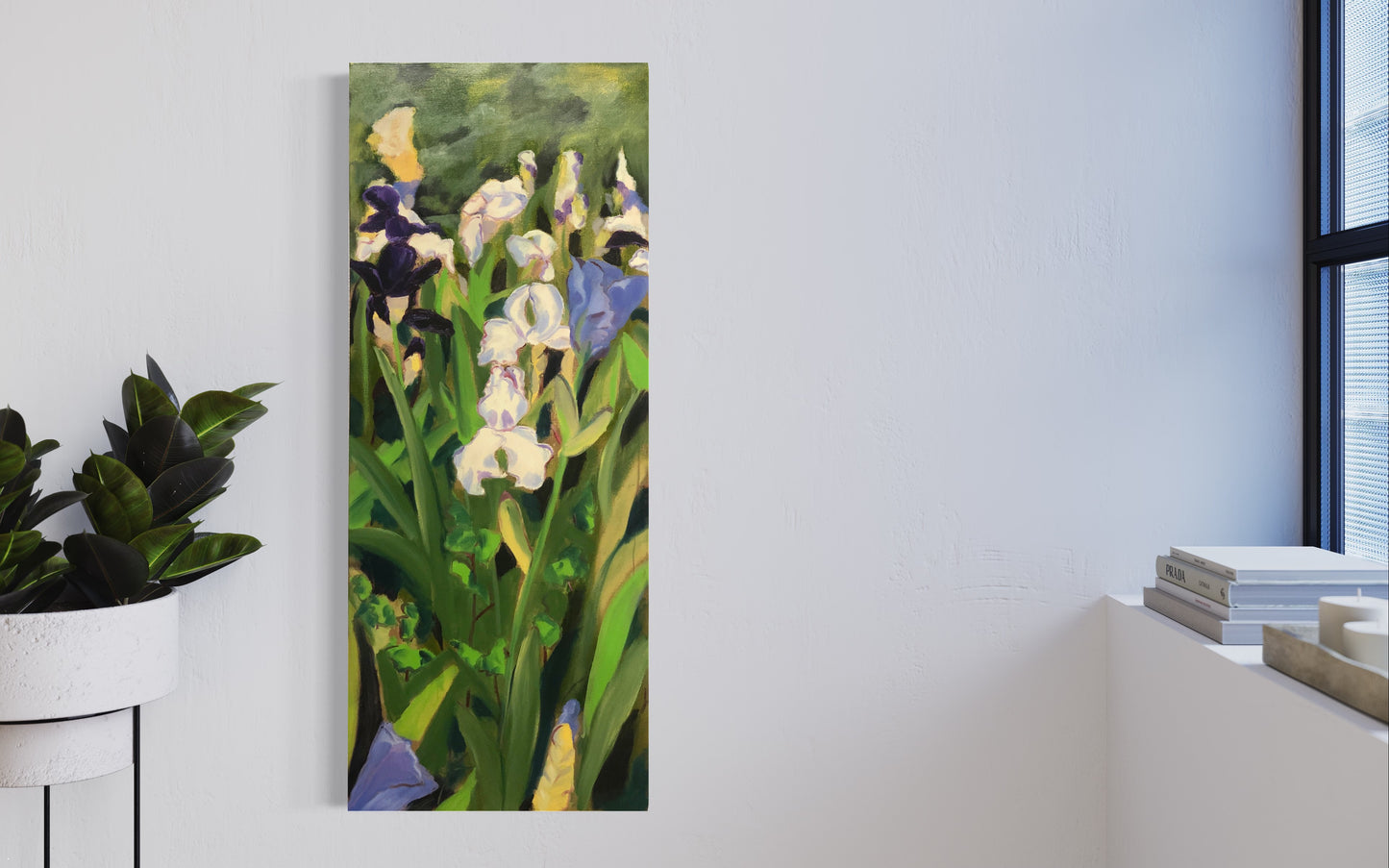 “Emmett’s irises”.  Oils on imitation-goldleafed canvas.
