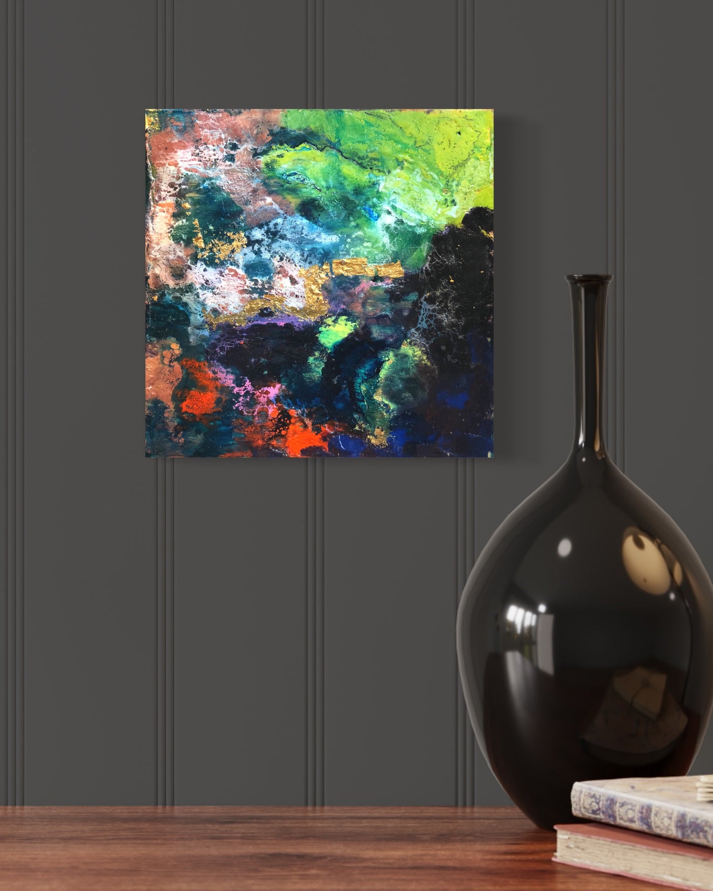 “Joy” encaustic and gold leaf on plywood