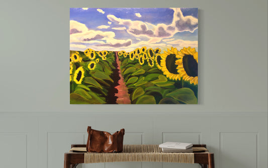 “Sunflower field” oils on imitation-gold-leafed canvas